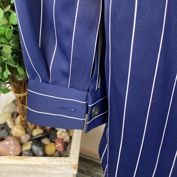 Armani Exchange Blue & White Pinstriped Long Sleeve Collarless Blouse XS - Picture 4 of 6